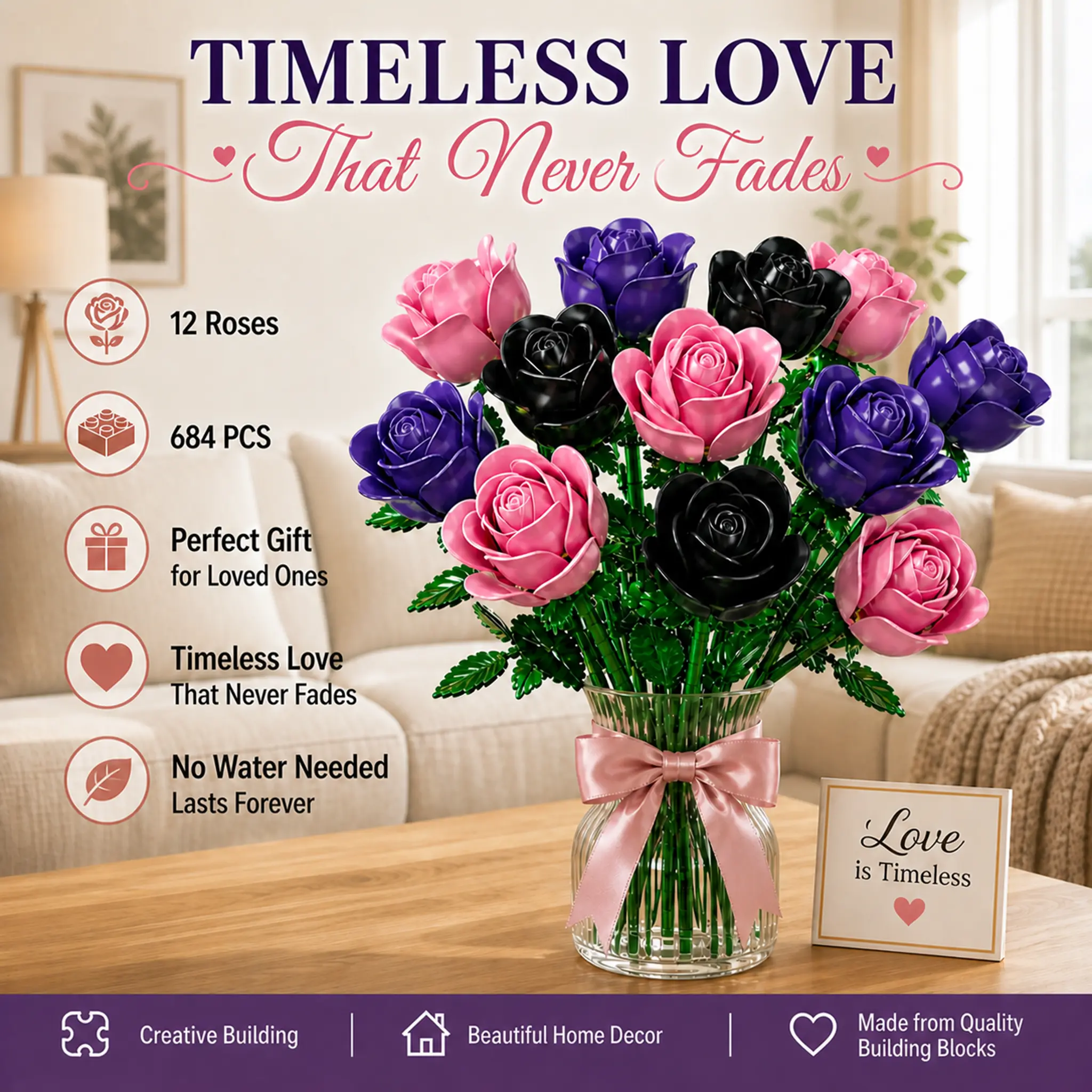 Romantic Pink Rose Building Blocks Flower Bouquet - Creative DIY Artificial Floral Art Kit for Home Decor, Ideal Birthday & Valentine's Day Gift for Adults