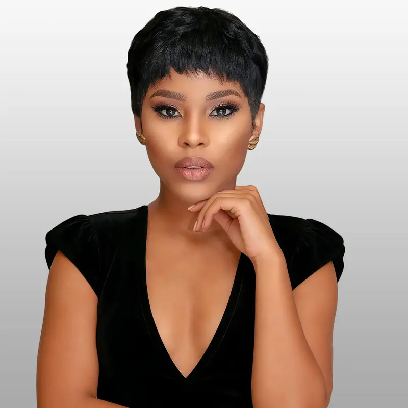 ShowReal Short Curly Wigs Short Pixie Cut Wig Human Hair for Black Women Full Machine Made Wigs 4 Inch Size 22.5 Inch Cap Head Versatile Style