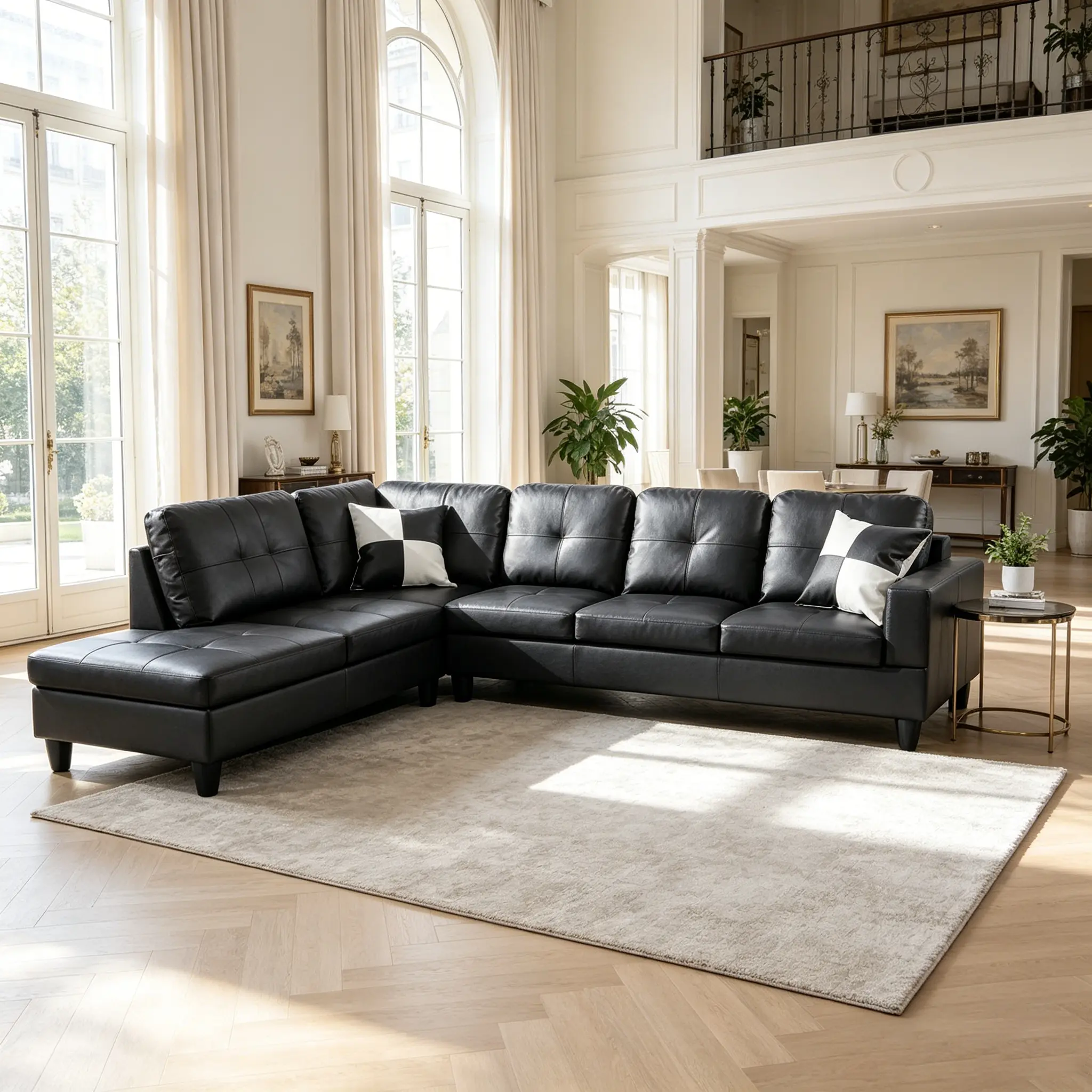 Black Premium PU Dual-Seater Fluffy Sofa Set - Waterproof Faux Leather, Stain-Resistant, High-Density Cushions, Sturdy Frame, Apartment Size Couch for Small Apartments, Family Leisure