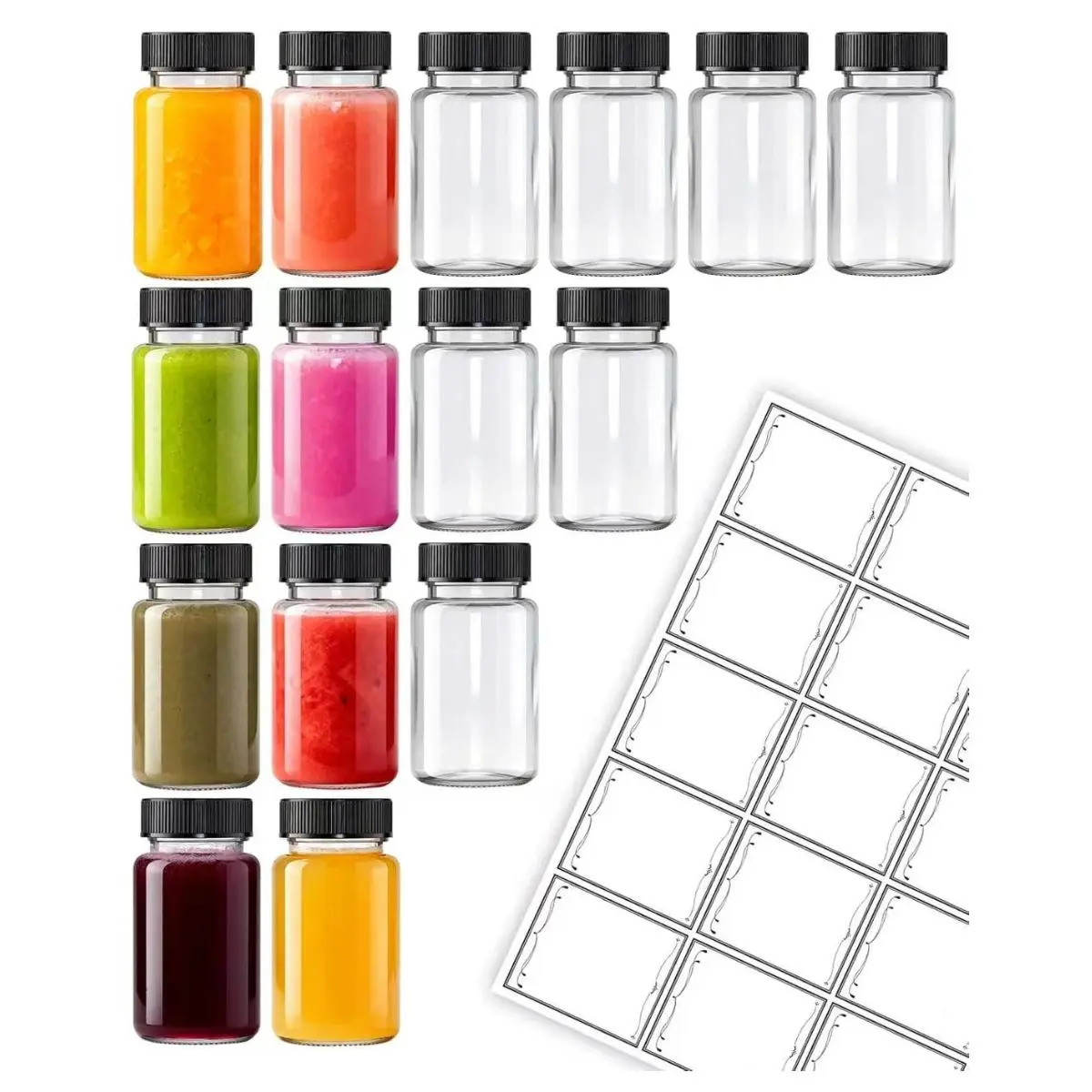 15PCS 2oz Glass Juice Shot Bottles – Leak-Proof Wellness Bottles with Caps & Labels