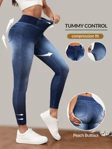 Women's High-Waisted Elastic Slim Fit Denim Jeans, Tummy Control Butt Lifting, Casual Flare Leg Pants with Pockets, All Seasons Wear