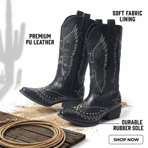 Maiqi Women's Black Western Cowboy Boots Embroidered Studded Pointed Toe Mid Calf Vintage Cowgirl Boots for Country Concert Festival Daily Wear