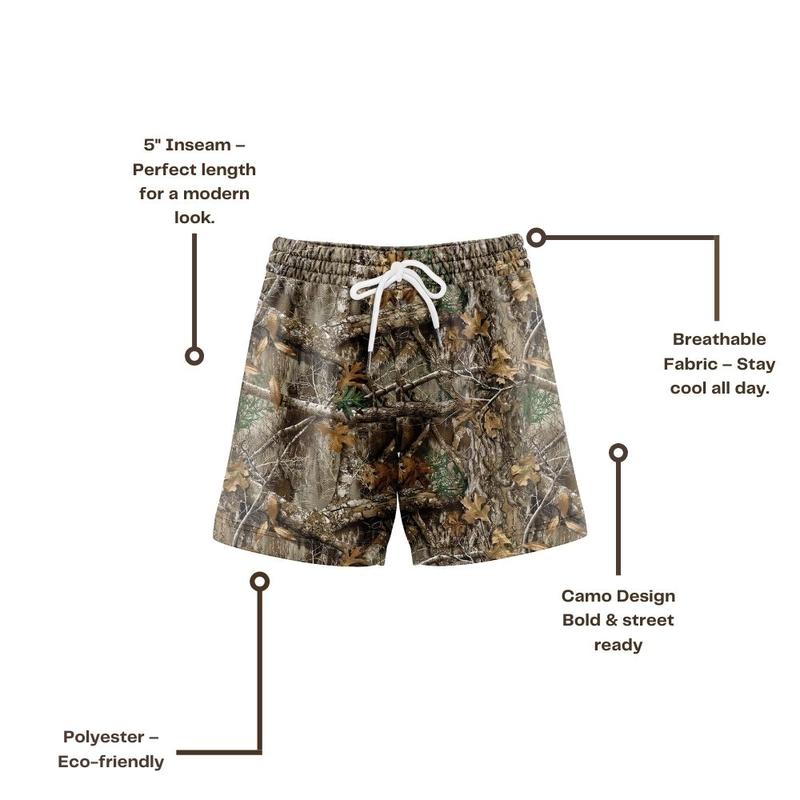 Pack 3 Men’s 5 Inch Inseam Camo Real Tree Print Mesh Shorts Breathable Fabric for Outdoor Sports Swimming Hiking and Active Adventures