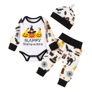 Newborn Baby Boy Halloween Outfit Long Sleeve Pumpkin Romper Ghost Pants Hat Cute Fall Clothes 3Pcs 0-18 Months