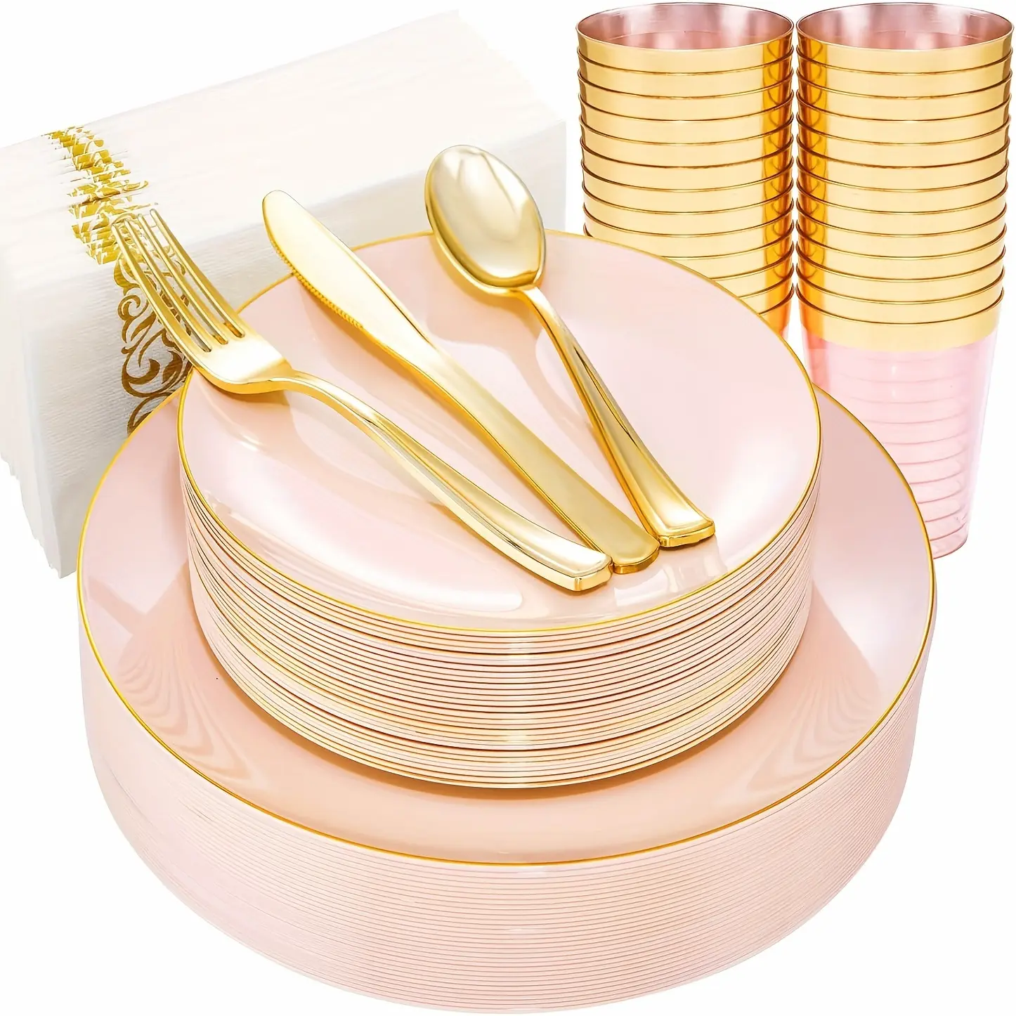 Pink Party Dinnerware Set For 30 - 210pcs Plastic Plates With Gold Cutlery Include 30 Pink Dinner Plates, 30 Dessert Plates, 90 Gold Cutlery, 30 Gold Cups, 30 Napkins For Birthday