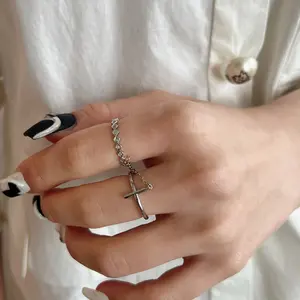 Double Cross Chain Open Ring - Elegant Design with Chain Detail, Perfect for Daily Wear
