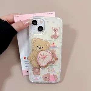Cute Bear Pattern Phone Case with Rotating Bracket, Decorative Phone Protector Cover, Phone Decoration, Phone Accessories Compatible with iPhone 11 12 13 14 15 16 Pro Max, Casing
