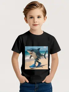 Summer running shoes shark digital printed T-shirt, 100% polyester. The cute and anthropomorphic shark is walking on the beach in sports shoes. It's a fashionable, trendy and casual children's clothing, full of vitality. It's perfect for going to school a