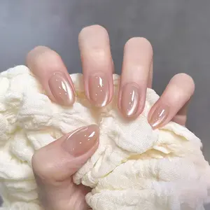 24pcs Oval Short Nail Tips Aurora Wearable Nails Clear Nude Fine Sparkle Cold Sensation Includes Jelly Glue and Nail File Nail Art Diy Nail Tips Kit Nail Extension Kit