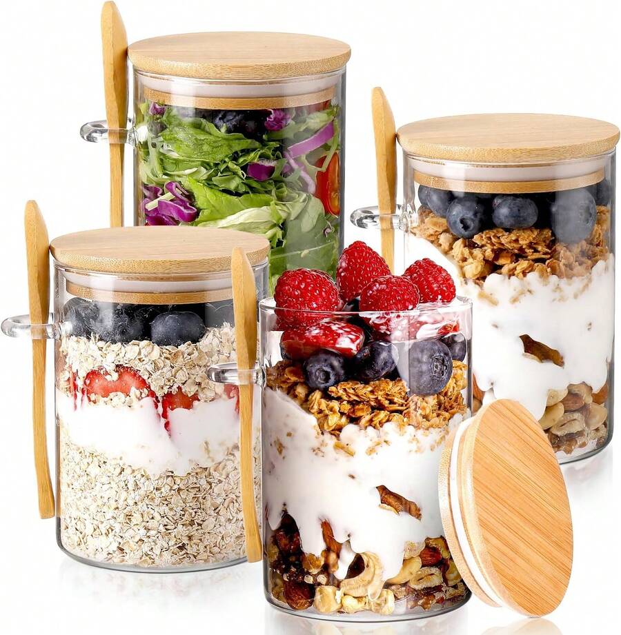TUMATICLY 8PCS Glass Food Storage Containers (4 Cups   4 Lids), With Lids And Spoons, Overnight Oats Jar With Lid And Spoon Chia Pudding Salad Glass Jar With Lid And Spoon, Bamboo Lid Oatmeal Coffee Flour Bread Starter Storage Container With Lid