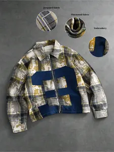 Men's Polo Neck Fine Plaid Tie-Dye Colorblock Zipper Jacket, Letter Pattern, Comfortable Fabric, Perfect for Daily Wear, Shopping, Travel