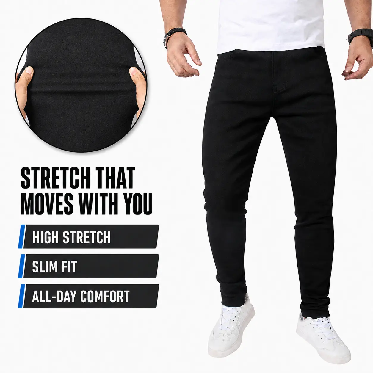 JUNBAOSS Men's Skinny Denim Jeans - Elastized Comfort Waist, Distressed Ripped, Slim Tapered Leg, Full-Length Long Cotton Pants (Damaged Men's Jeans), Denim Men's Jeans