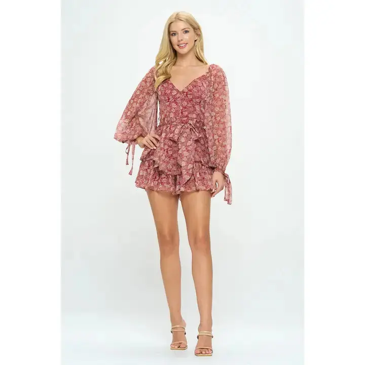 Floral Print Chiffon V Neck Balloon Sleeve Mini Romper