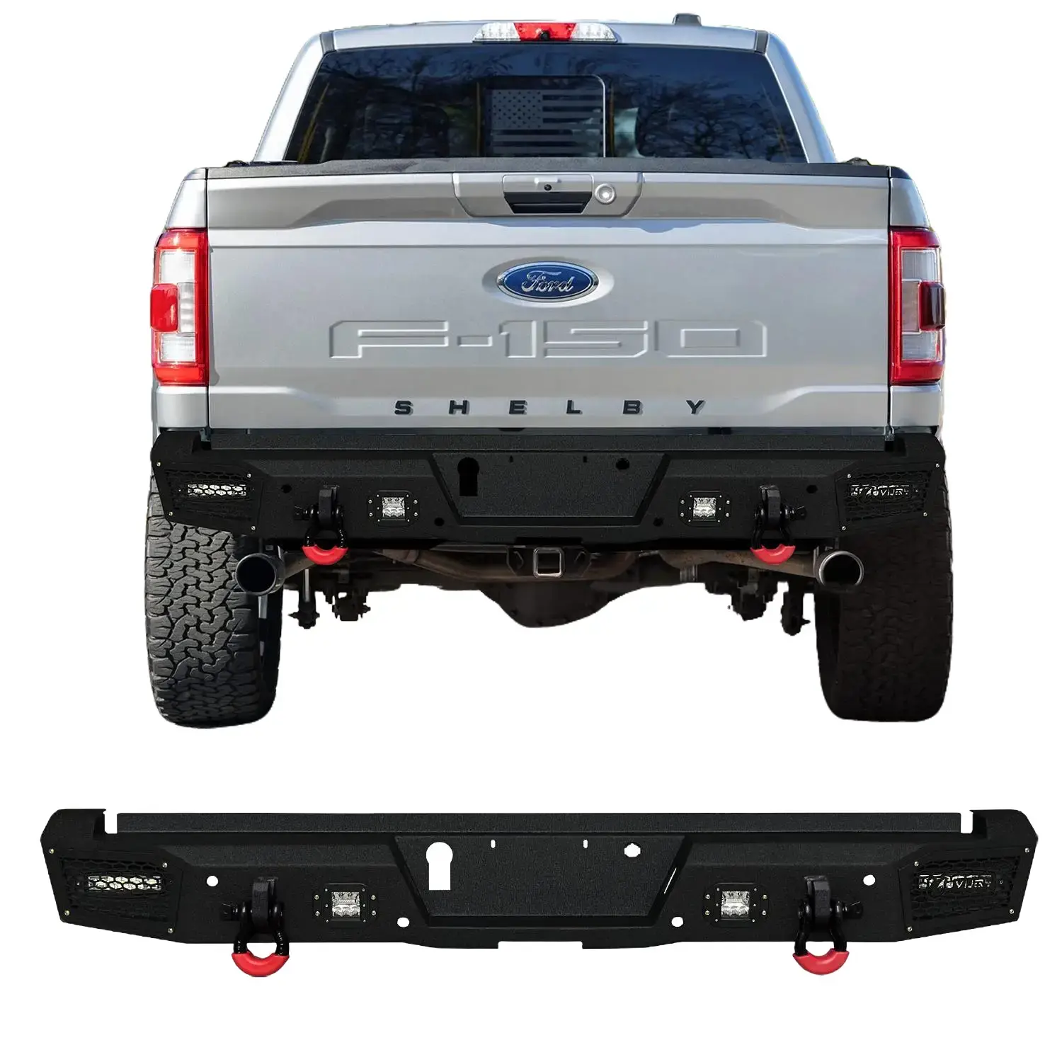 Vijay Black Texture Steel Rear Bumper - Auto Accessories for 2021-2025 Ford F150, LED Lights, 2 D-Ring Slots, Light Support, Self-Install Screw Setup, Seamless Fit, Off-Road Performance, Durable Reliable Off-Road Truck Accessory, 2 X D-Rings