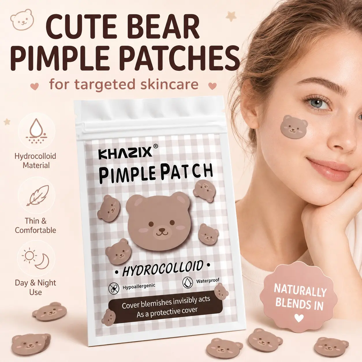 720 Pieces Cartoon Little Bear Facial Acne Patches, Ultra-Thin Breathable Skin-Friendly Blend Concealer Pimple Patches, Blemish Patches