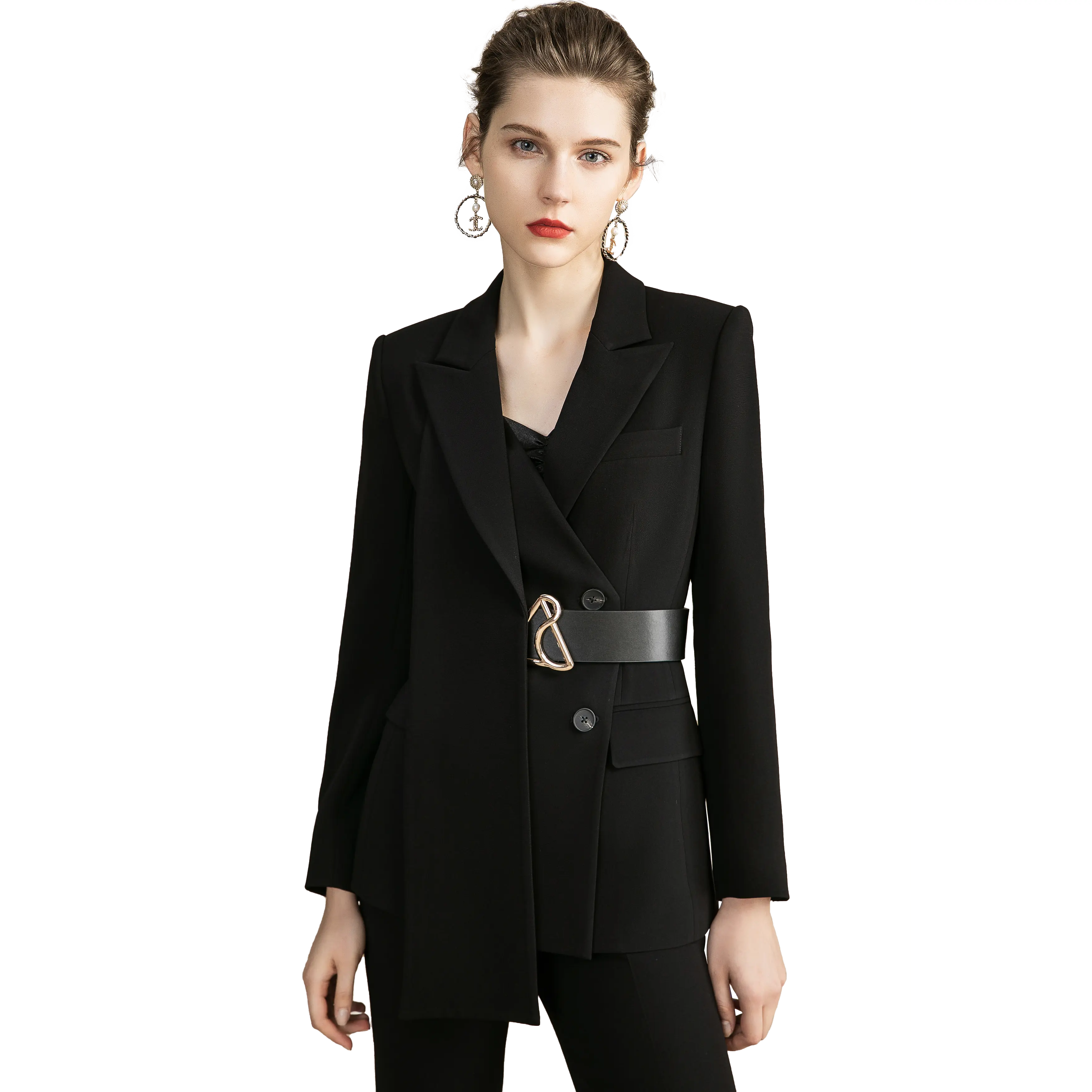 Black V-neck Wide Leg Double Breasted Pantsuits
