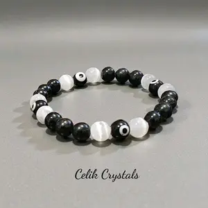 Selenite Black Tourmaline Evil Eye Bracelet Handmade Natural Stones 8mm Stretches Unisex Design - Energy Protection and Purification
