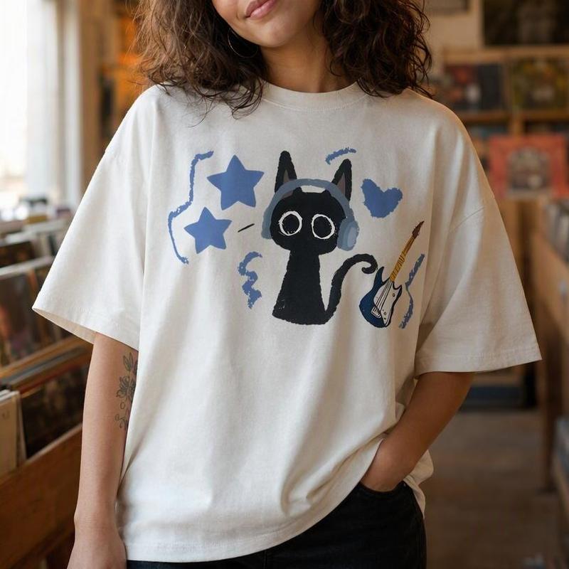 Black Cat Headphones Guitar 100% Cotton Women Tee Indie Music Lover Graphic Shirt