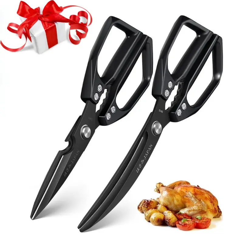 2Pcs/set Kitchen Scissors Set Black - Upgraded Stainless Steel Kitchen Shear, Sharp Meat Scissors Dishwasher Safe, Heavy Duty Poultry Shears, Cooking Scissor for Food, Chicken Bones, and Turkey, Gift for Family and Friend