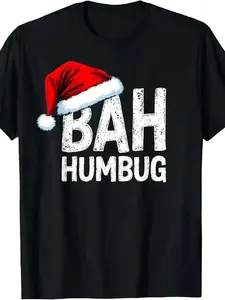 Vintage "Bah Humbug" Santa Claus Funny Christmas T-shirt-black and white printed short-sleeved casual T-shirt, grumpy holiday party dress, "Bah Humbug"..., quick-dry performance, vintage vibe, for couples, daily wear