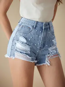 Women's Rhinestone Ripped Light Wash Denim Shorts, High Waist Fitted Sparkle Ripped Jeans, Stylish Casual Summer Wear, Fashionable Ladies' Clothing