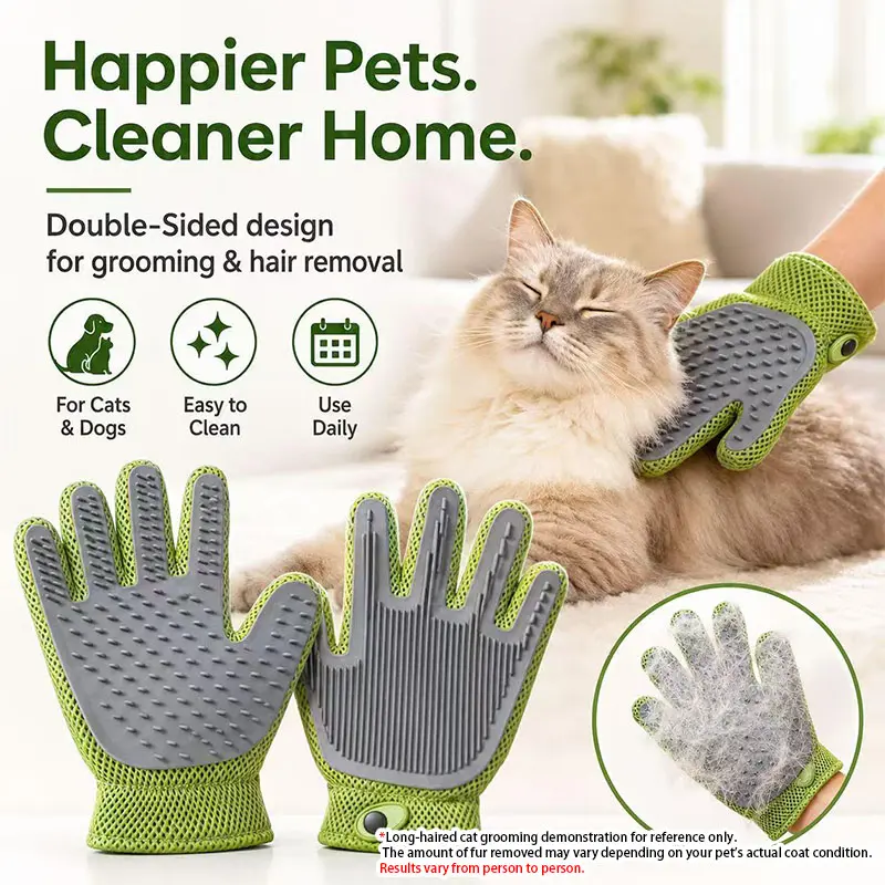 Pet Grooming Glove Fur Remover for Cats & Dogs - Soft Silicone Brush Groomer Tools, Double-Sided Shedding Kit with Fur Release Tool, Breathable Mesh for Dirt Removal, Gentle Massage & Removes Loose Hair