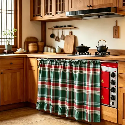 Kitchen curtains for Christmas Double-Sided Thick Fabric Gingham Plaid Stovetop Cover - Decorative Cover with Ruffle Bow & Lacy Hem Charm, Rustic Farmhouse Slip-On Oven Skirt, Aesthetic Home Decor, Cottagecore Farm Kitchen Household Item