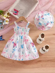 Summer New Baby Toddler Vest Dress + Hat Set, Colorful Irregular Butterfly Print, Cute Sweet Princess Style, 0-3 Years Girl Active Wear, Baby Girl Clothes, Toddler Outfit