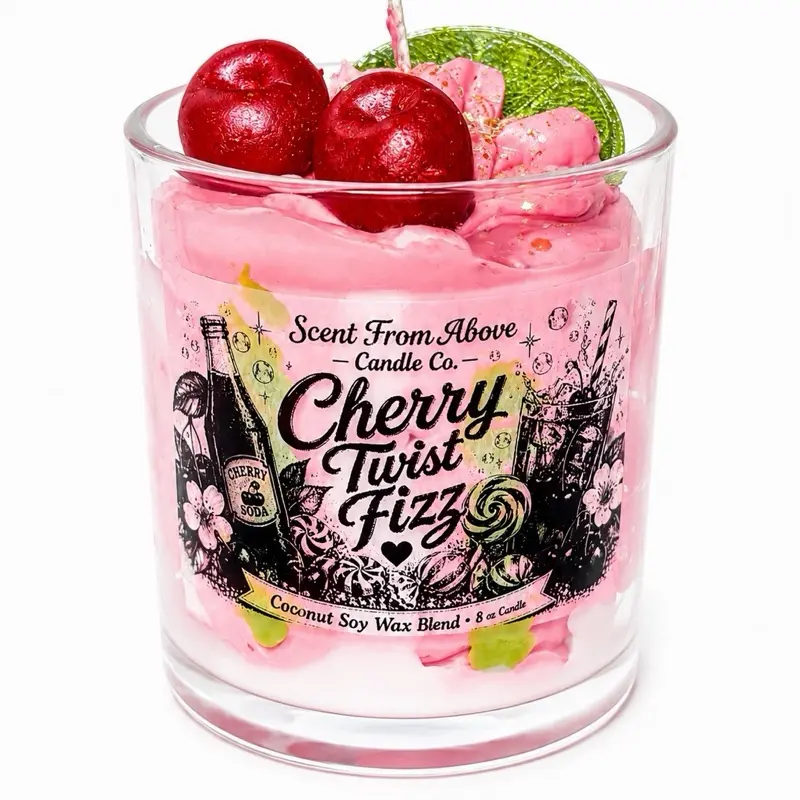 Cherry Twist Fizz Scented Candle, Long-Lasting Soy Wax Candle for Home Decor, Living Room Ambience