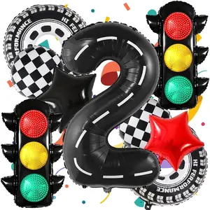 9 count Race  Balloons,40 Inch Racetrack Number 2 Balloon,Traffic Light Balloons,2nd Birthday Race  Theme Party Decor Supplies(2nd)
