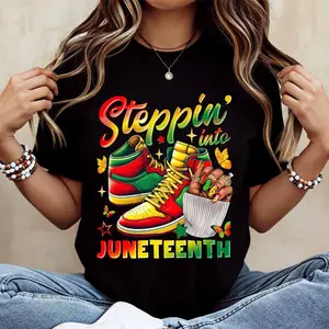 Steppin Into Juneteenth Sneaker Print T Shirt  Casual Short Sleeve Tee For Leisure And Sports Activities