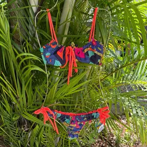 Too Hot Brazil Bikini in Navy Print & Neon Orange Trim Size M Vibrant Bikini Set for Beachwear