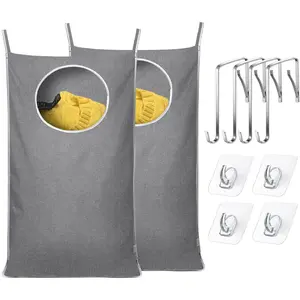 2Pack Space-Saving Hanging Laundry Bag, Door Laundry Hamper with 2 Different Types of Hooks, 30x20 Inch Oxford Fabric Laundry Storage Bag for Dirty Clothes (Grey-2Pack)