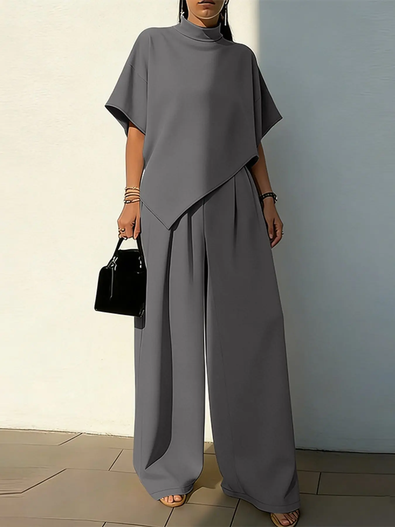 ZANZEA Women's High Neck Five-Quarter Sleeve Asymmetrical Hem Solid Color Lightweight Blouse Top and Elastic Waist Long Pants Set, Womenswear, Two-Piece Set, Trouser, Minimalist Casual Daily Wear