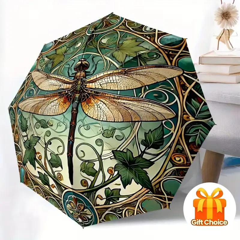 18-Rib Folding Rain Umbrella, Automatic Open-Close Windproof, Sturdy Ribs, Durable Suede Material, Elegant Dragonfly-Floral & Butterfly Patterns, Green Gold Cyan Black White Color Options