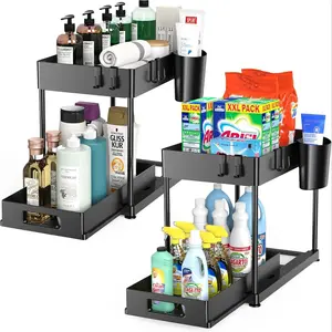Under Sink Organizer, 2 Counts Large Capacity Pull Out Storage Rack, Sliding Drawer Storage Rack for Kitchen and Bathroom