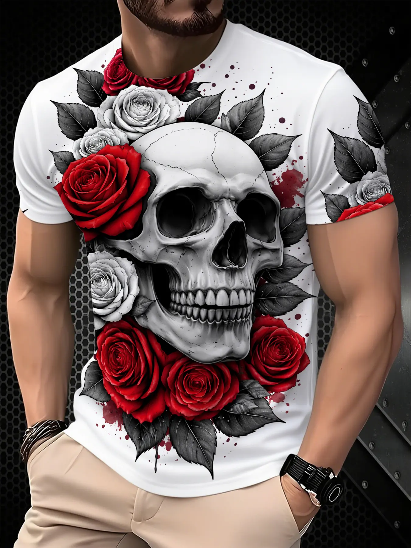 Men's Printed Floral T-Shirt - Black/Gradient Multi-color Trendy Top, Streetwear, Round-neck Short-Sleeved T-shirt, suitable for daily wear, casual gatherings, fashionable gradient style, machine washable, Menswear