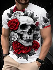 Men's Printed T-Shirt - Black/Gradient Multi-color Trendy Top, Streetwear, Round-neck Short-Sleeved T-shirt, suitable for daily wear, casual gatherings, fashionable gradient style, machine washable