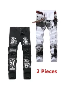 2 Pieces Jeans For Men Ripped Black And White Printed Y2k Denim Pants Menswear Streetwear Casual Trousers For All Seasons