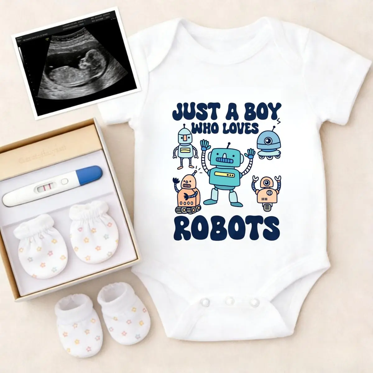 Boys' 100% Pure Cotton Bodysuit, Robots Print, Envelope Neckline, Non-Irritating, Breathable, Stretchy, Snap Closure, Ideal for Gifting & Everyday Wear