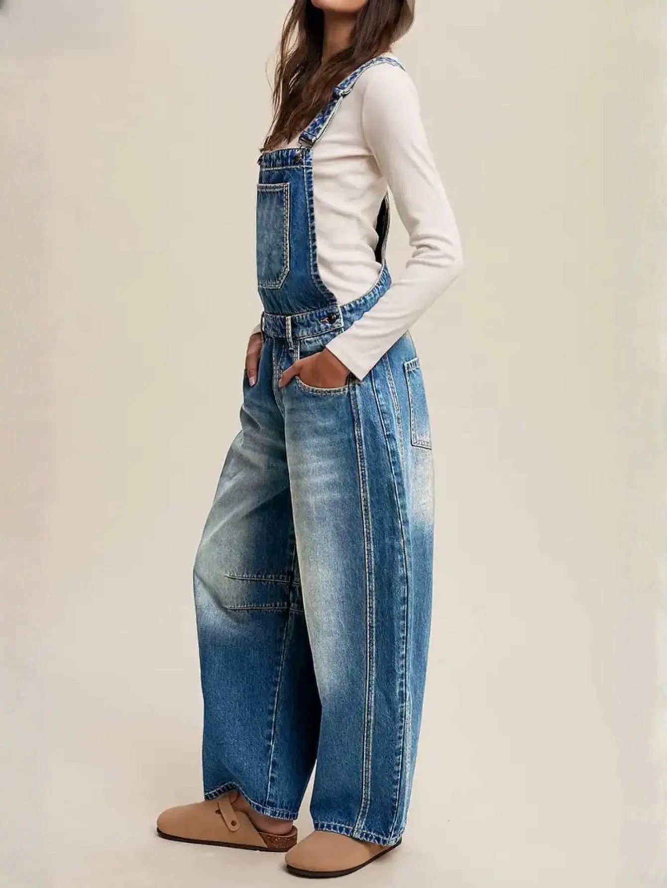 T287 Women Retro Faded Loose‑Fit Denim Bib Overalls