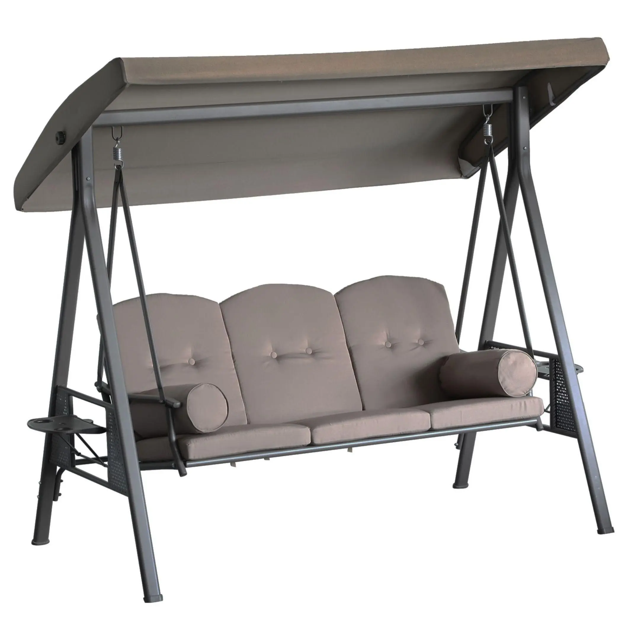 3-Person Steel Frame Patio Swing Bench with Cushioned Seats, Canopy, and Side Trays - Brown Outdoor Furniture Set