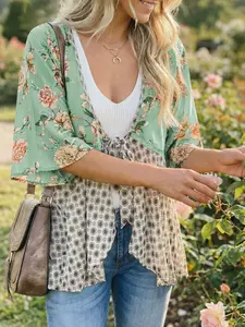 Floral Kimono Cardigan for Women with 3/4 Ruffle Sleeve Lightweight Boho Patchwork Loose Tie Front Flowy Summer Cover Up