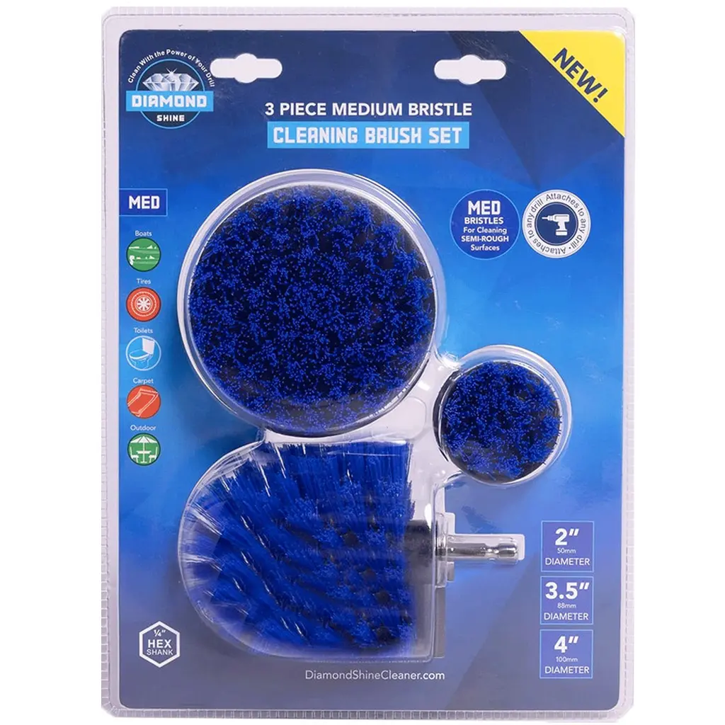 Diamond Shine Drill Brush Attachment - Cleaning & Scrubbing, 3-Pack, Medium Bristle - Tile, Grout, Floors, Bathtub, Shower Stall - Turn Drill Into Power Scrubber