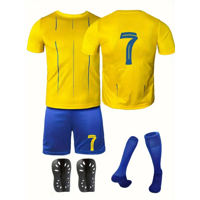 Boys' 4-Piece Professional Sports Jersey Set for 6-10 Years - Breathable Polyester, Includes #7 V-Neck Compression T-Shirt, Athletic Shorts, Socks