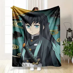 Cool Anime Demon Slayer Blanket Muichiro Tokito Print Soft Flannel Fleece Throw Mist Hashira Pattern Gift For Otaku Fan