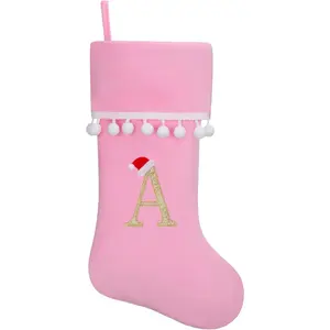 19 Inch Pink Velvet Stockings, Personalized Christmas Stocking, Embroidery Initial with White Pom Pom Trim, Holiday Fireplace Mantel & Xmas Party Decor, Letter A