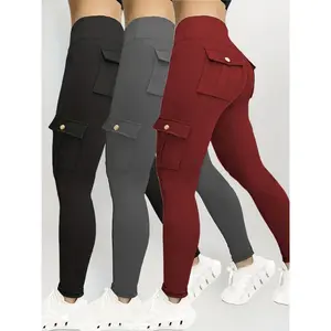 3pcs Women's High-Waisted Yoga Tights with Pockets - Stretchy Running & Sports Leggings, Button- Design, Solid Colors (Black, Navy Blue, Gray), Flap Pockets for Utility, Comfortable Polyester Blend Fabric