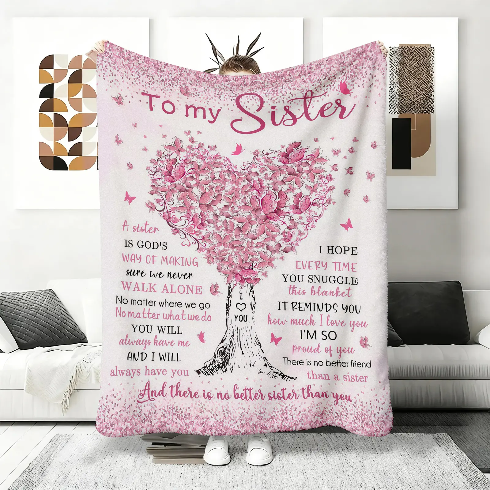 To My Sister Letter & Heart Pattern Blanket, Soft Warm Throw Blanket, Napping Blanket for Home, Office and Travel, Heartfelt Gift Blanket,  bedding ,plush blankets,mellow blanket