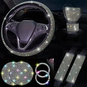 8-Piece Luxury Car Interior Accessories Set, Diamond Steering Wheel Cover, Crystal Seatbelt and Gear Shift Kit, Shiny Cup Holder, Girly Car Interior Sets